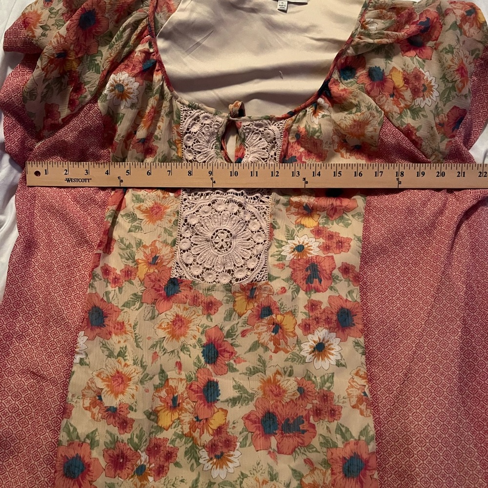 Daniel Rainn Pink and Cream Midi Dress with Floral Design